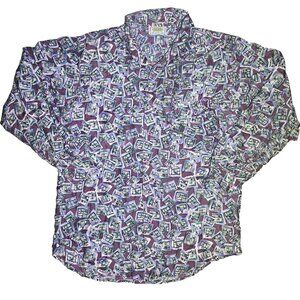 Vintage FUKA Mens Silk Casual Button Shirt Long Sleeve MED Geometric Purple Red